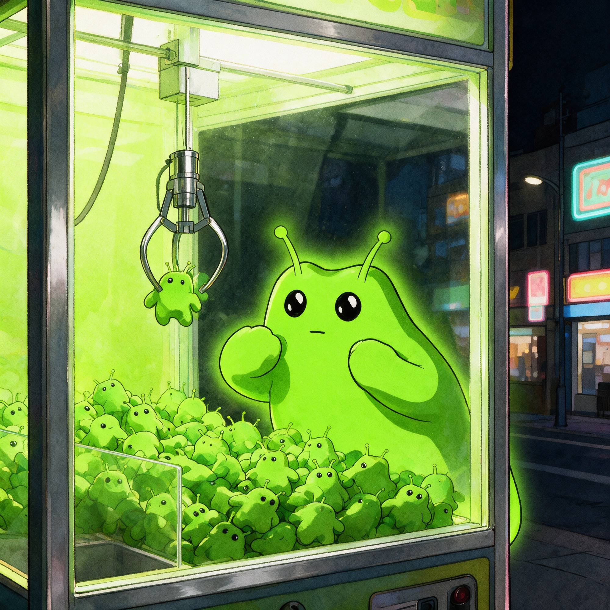 Bwob ink art: Bwob eyeing the claw machine prize he wished for