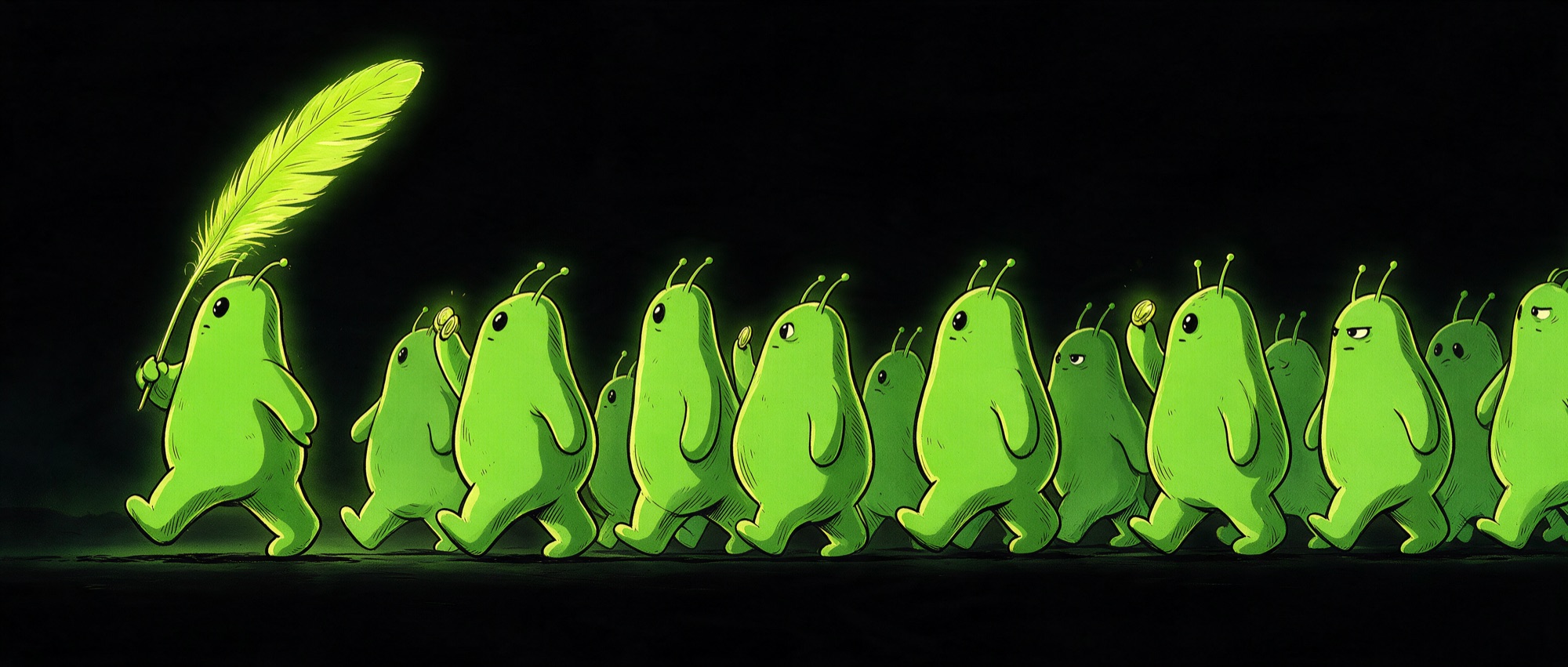 The blob crowd marching home across the hills at dusk