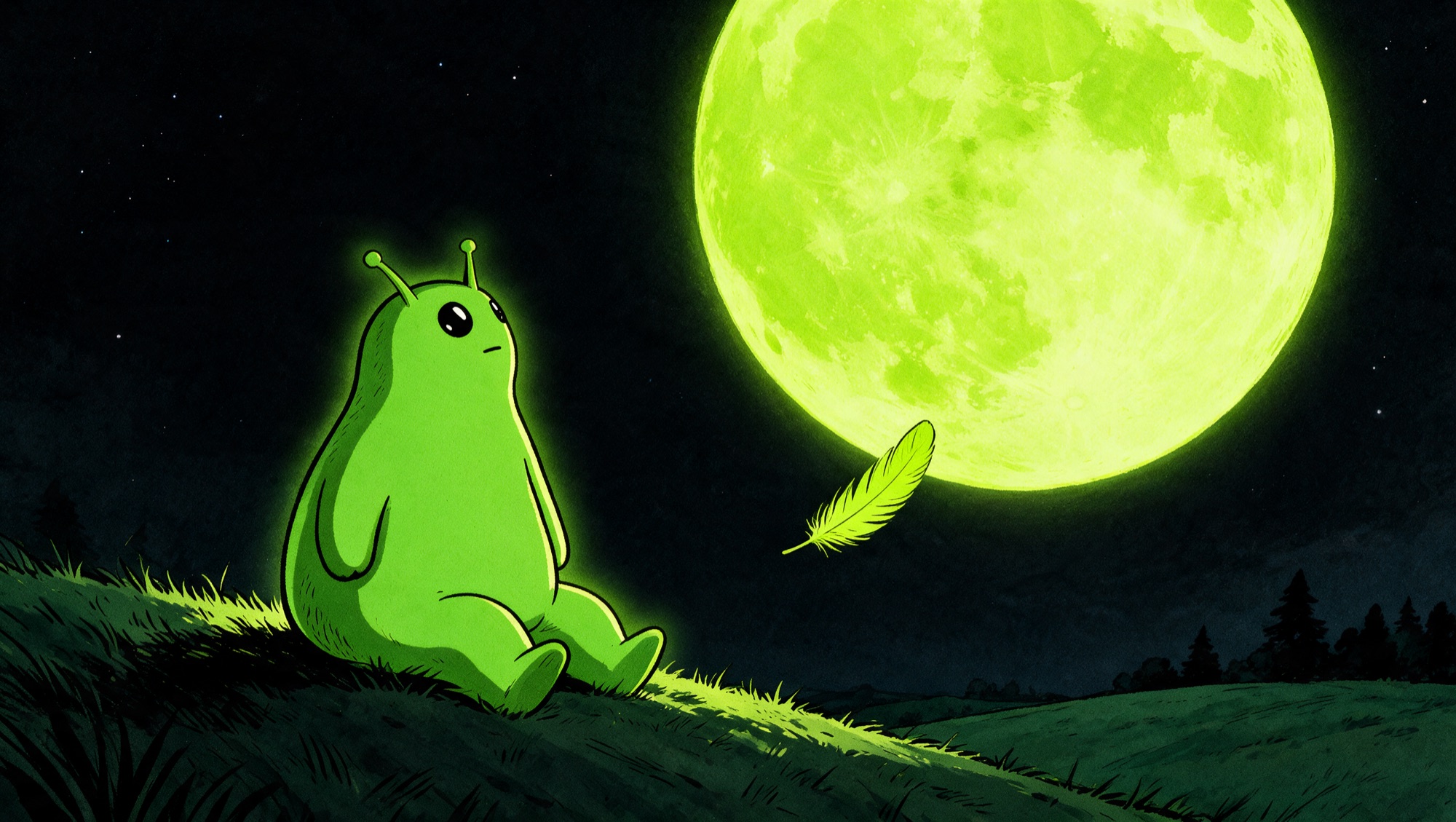 Bwob sailing past a huge moon on a dark night