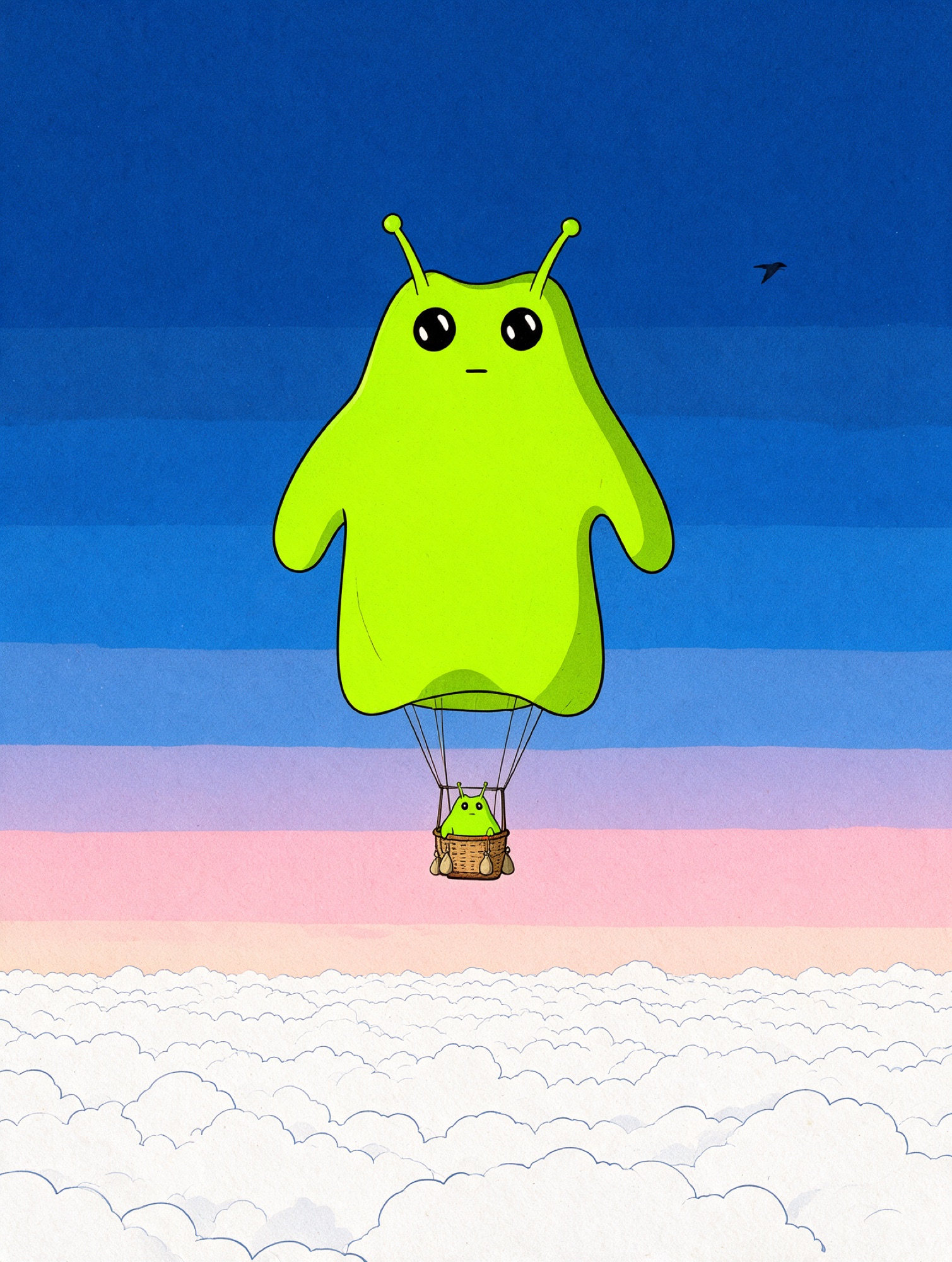 Bwob meme: Bwob floating away, hanging from a single balloon
