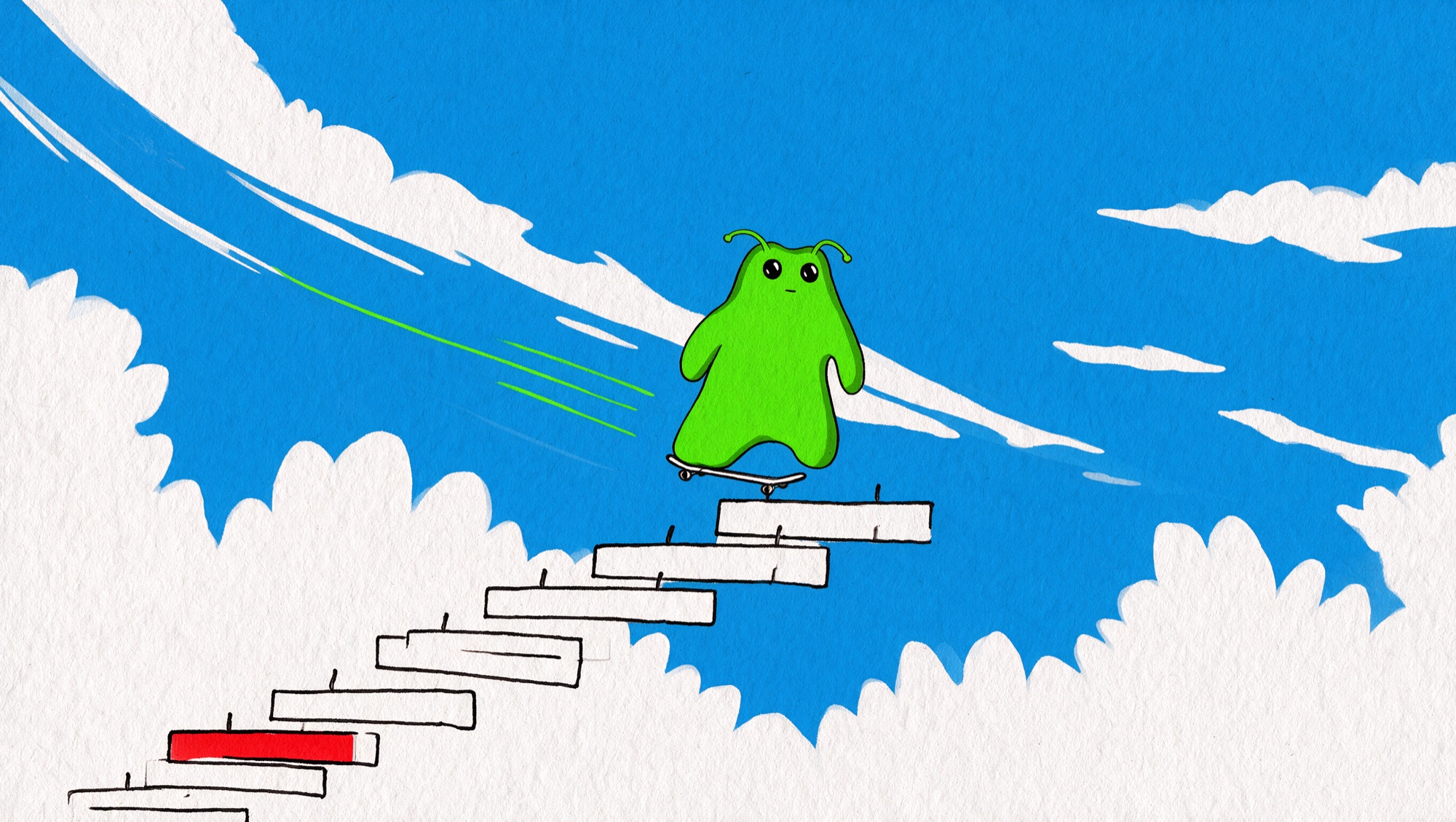 Bwob ink art: Bwob skating up the incline, goo trailing behind