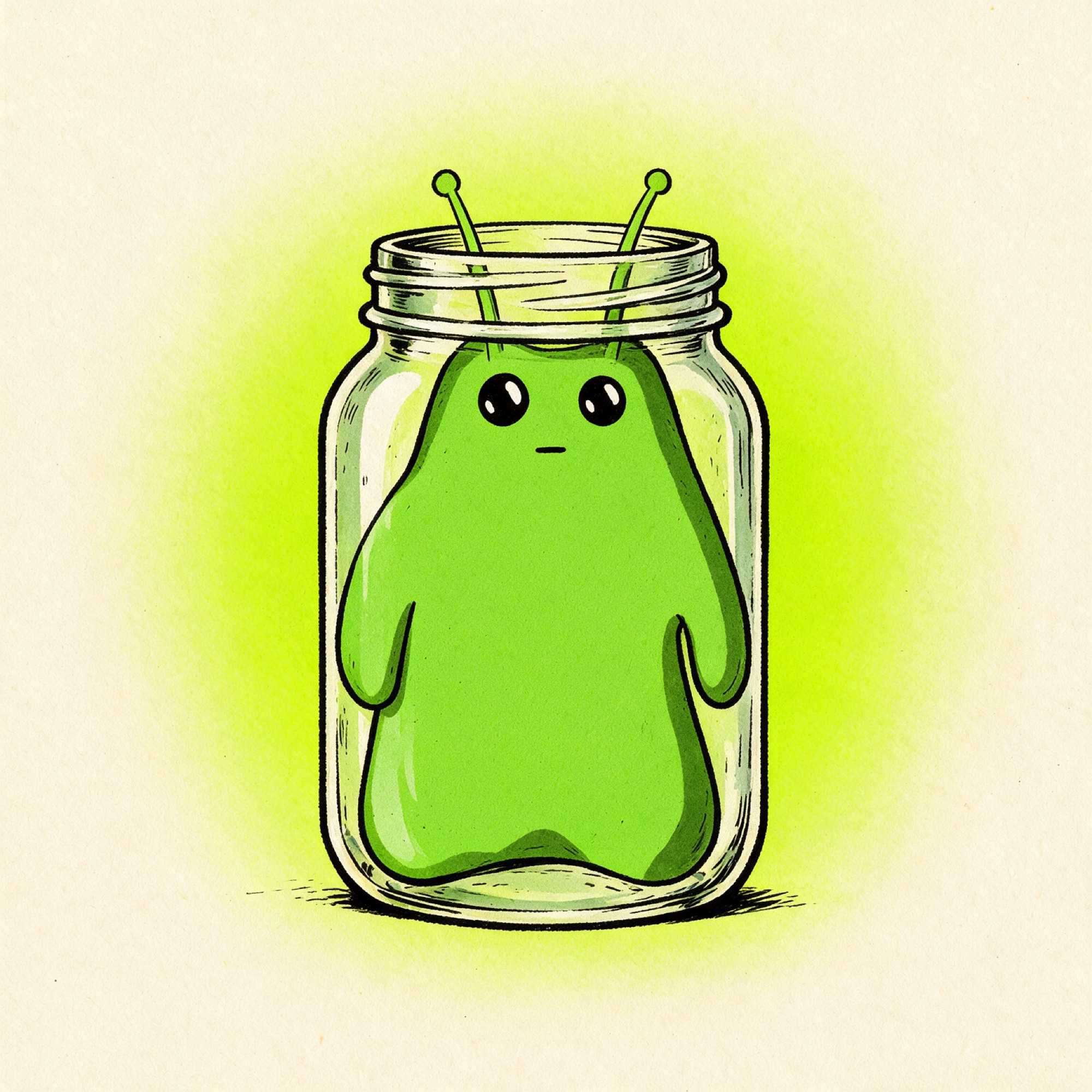 Bwob squeezed happily into a glass jar, ink comic style