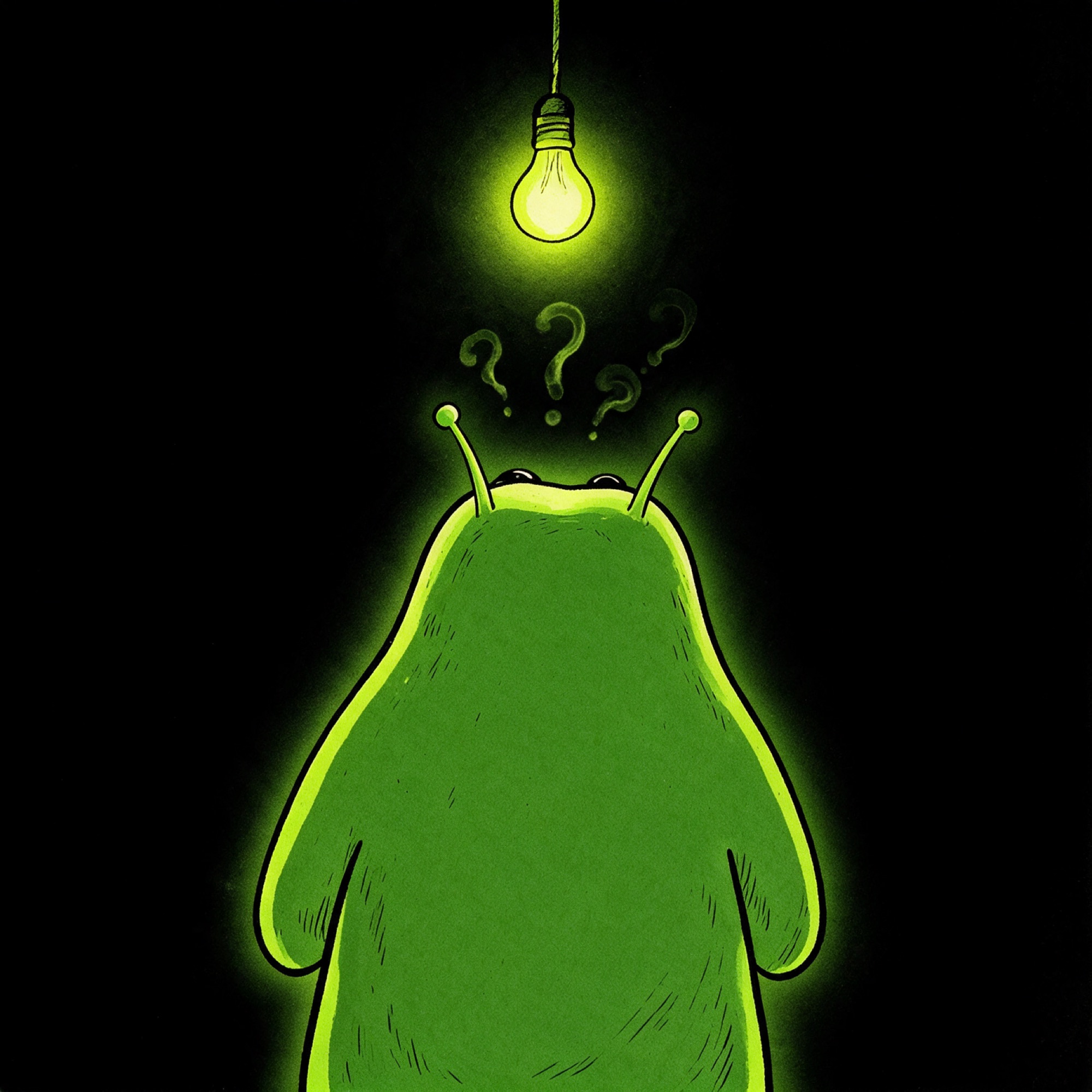 Bwob shrouded in question marks, origin unknown, ink comic style