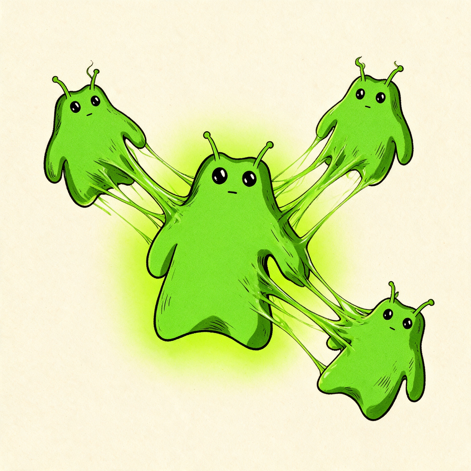 Bwob mid-split, one blob becoming three, ink comic style