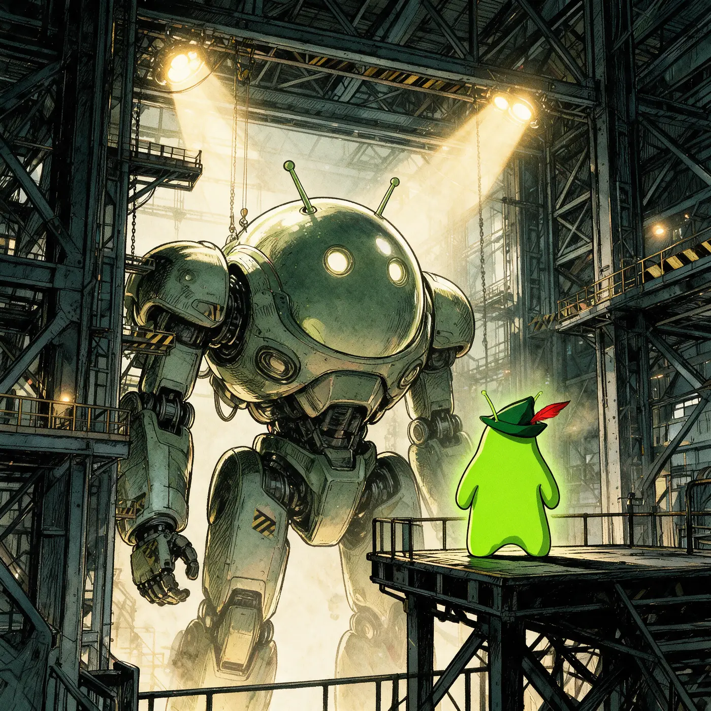 Bwob keyart: anime hangar scene, tiny hooded Bwob on a platform facing a giant Bwob-shaped mecha under crane spotlights