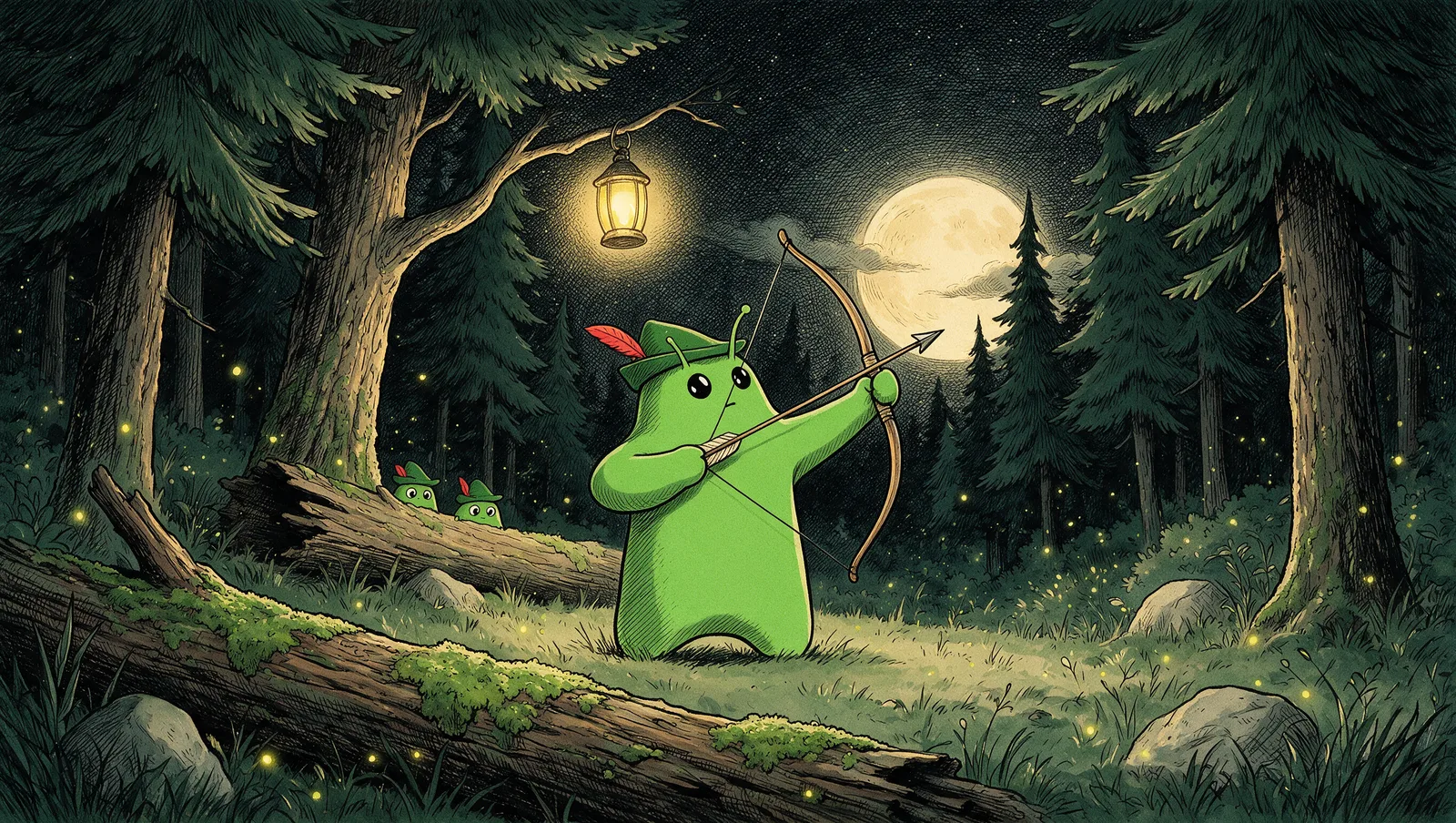 Bwob keyart: hooded Bwob drawing a bow by lantern light in the moonlit forest, two small bwobs peeking over a mossy log