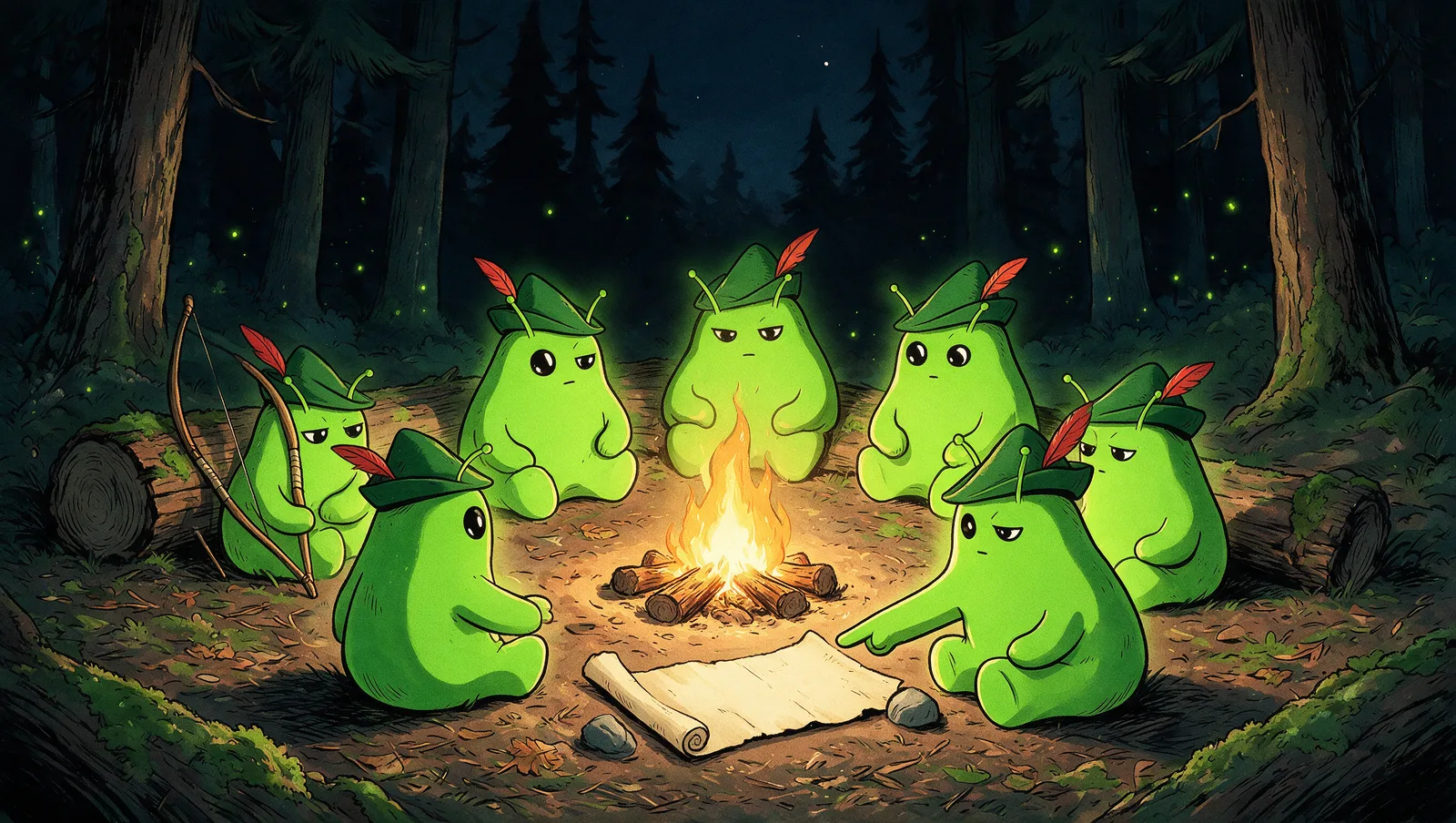 Hooded Bwobs around a campfire in the night forest, plan unrolled