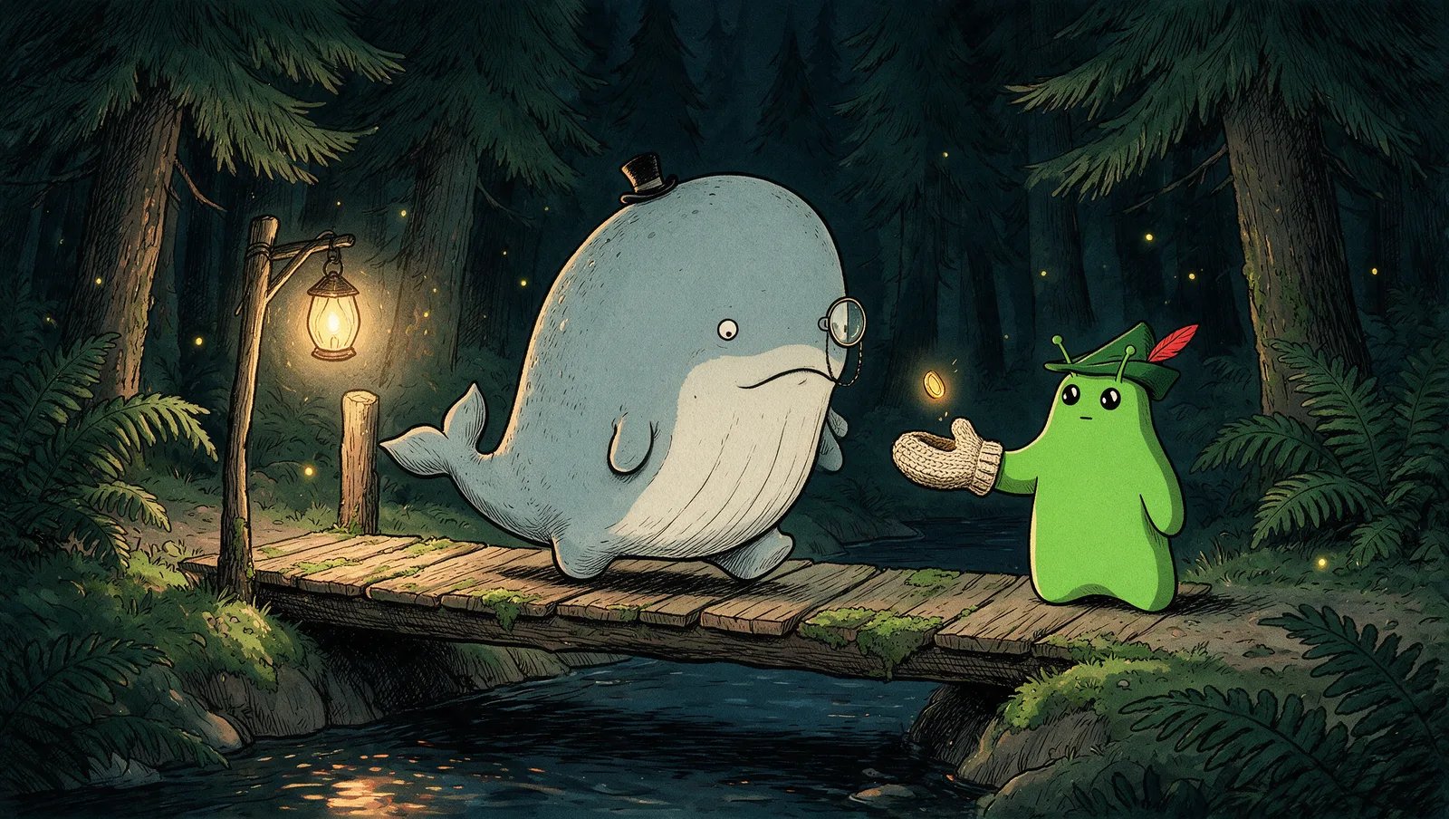 Bwob welcoming a whale across the toll bridge