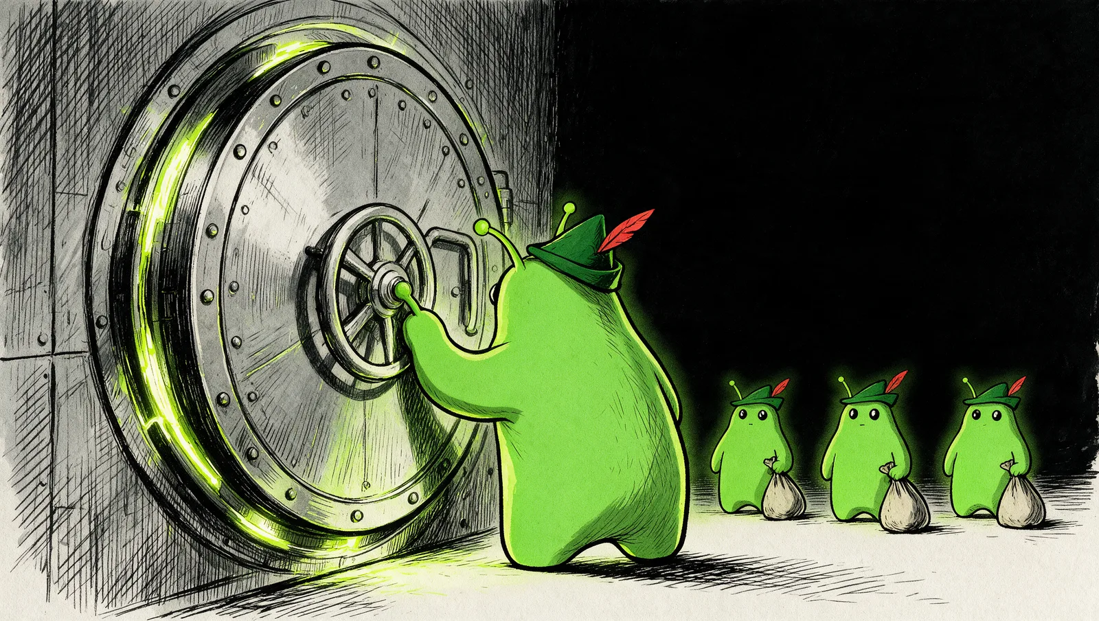 Bwob keyart: hooded Bwob cranking open a huge bank vault wheel while small bwobs queue behind with empty sacks