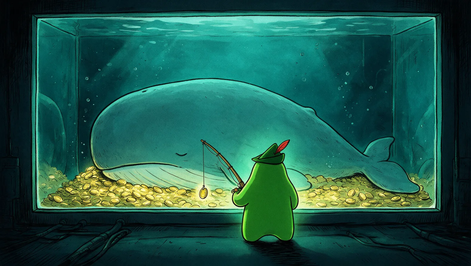 Bwob keyart: hooded Bwob with a fishing rod, lifting a single glowing coin from a whale tank floored with gold
