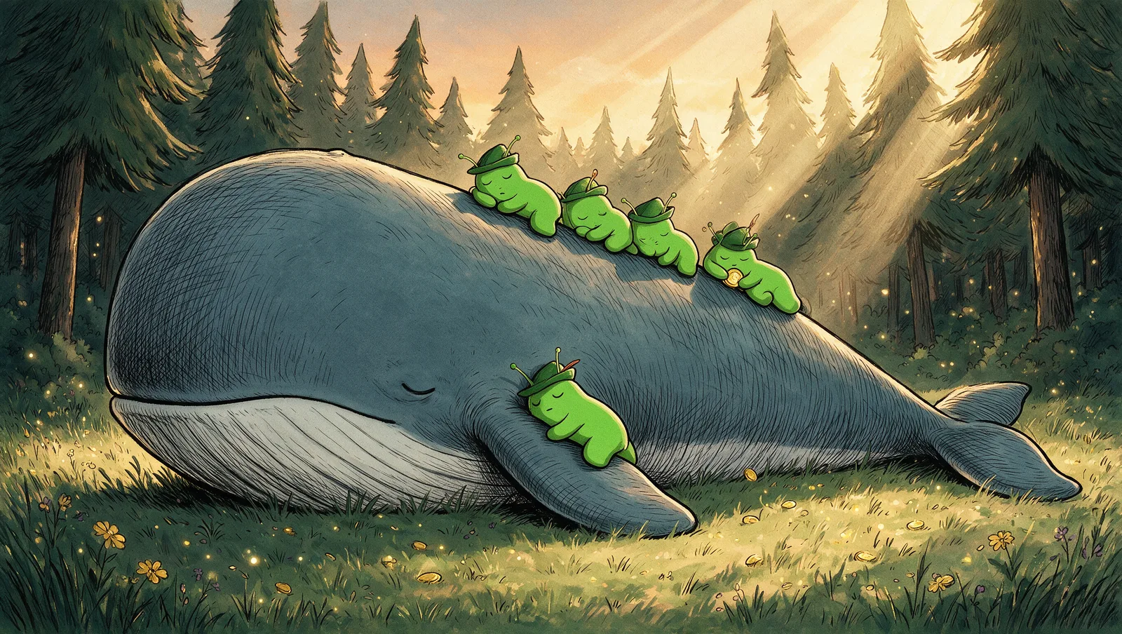 Bwob art: five small hooded bwobs napping on the back of a huge sleeping whale in a sunset meadow scattered with coins