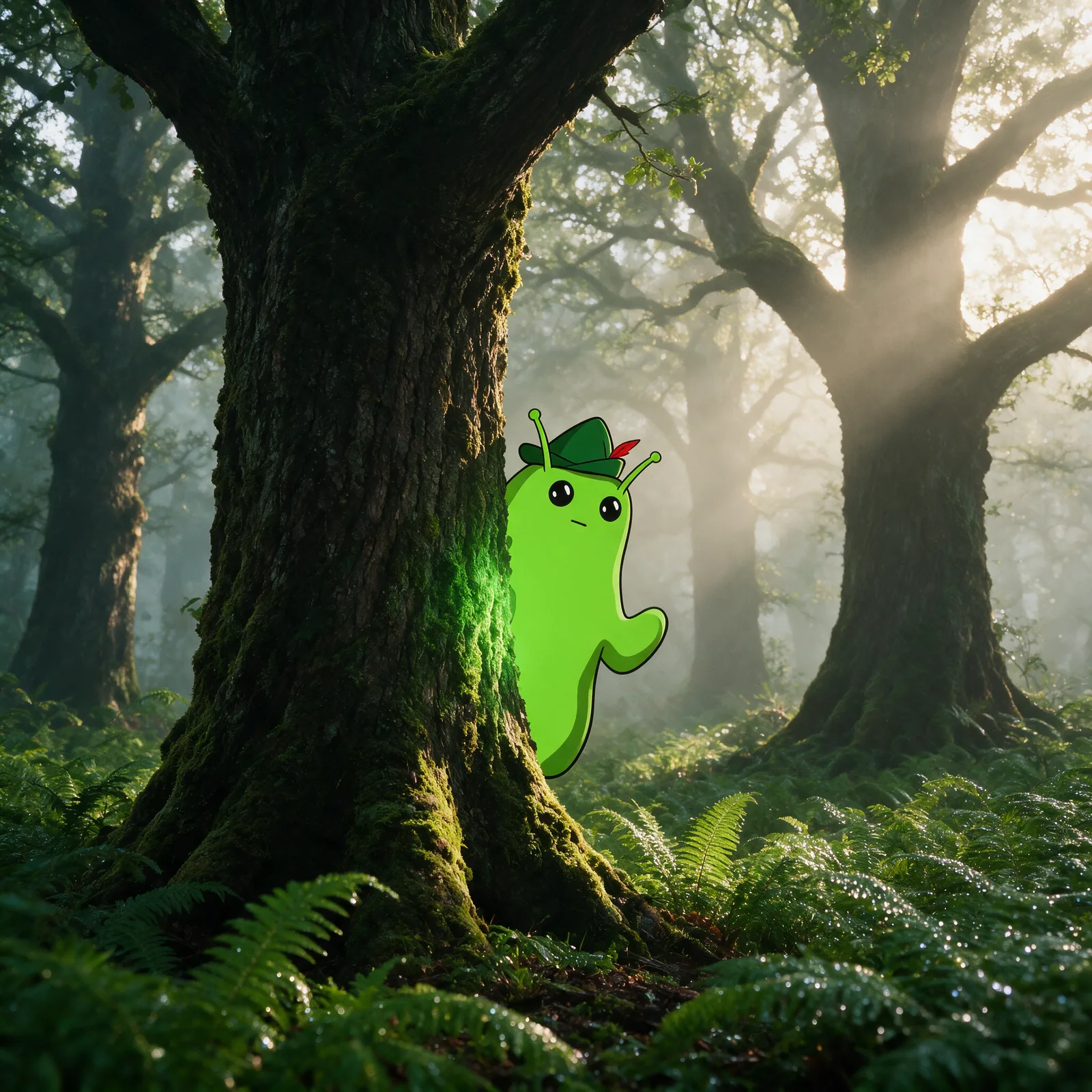 Strictly 2D cel-drawn Bwob peeking from behind a mossy photoreal oak in god-ray forest fog