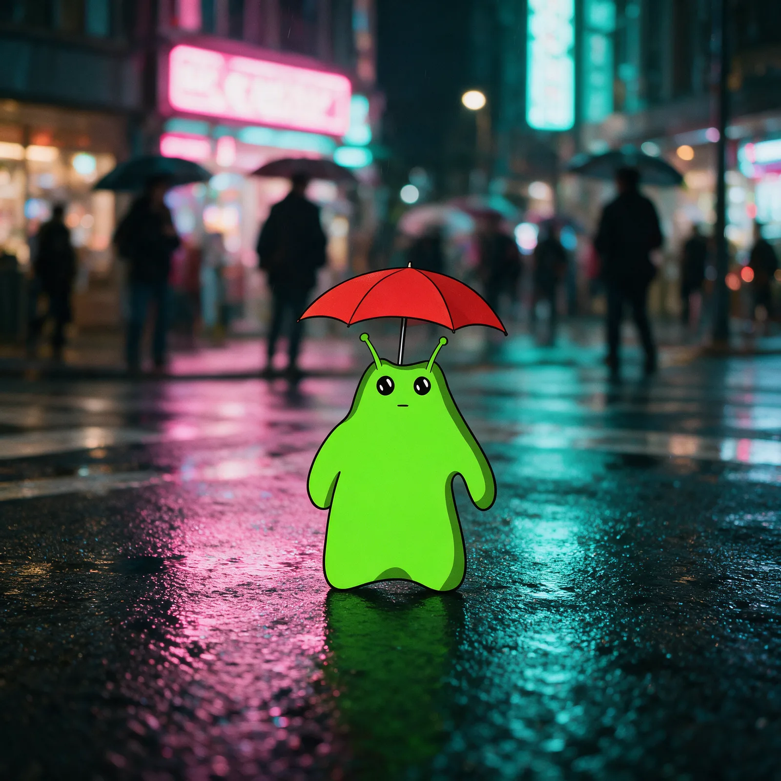 Strictly 2D cel-drawn Bwob holding a red umbrella on a photoreal rainy neon crossing at night