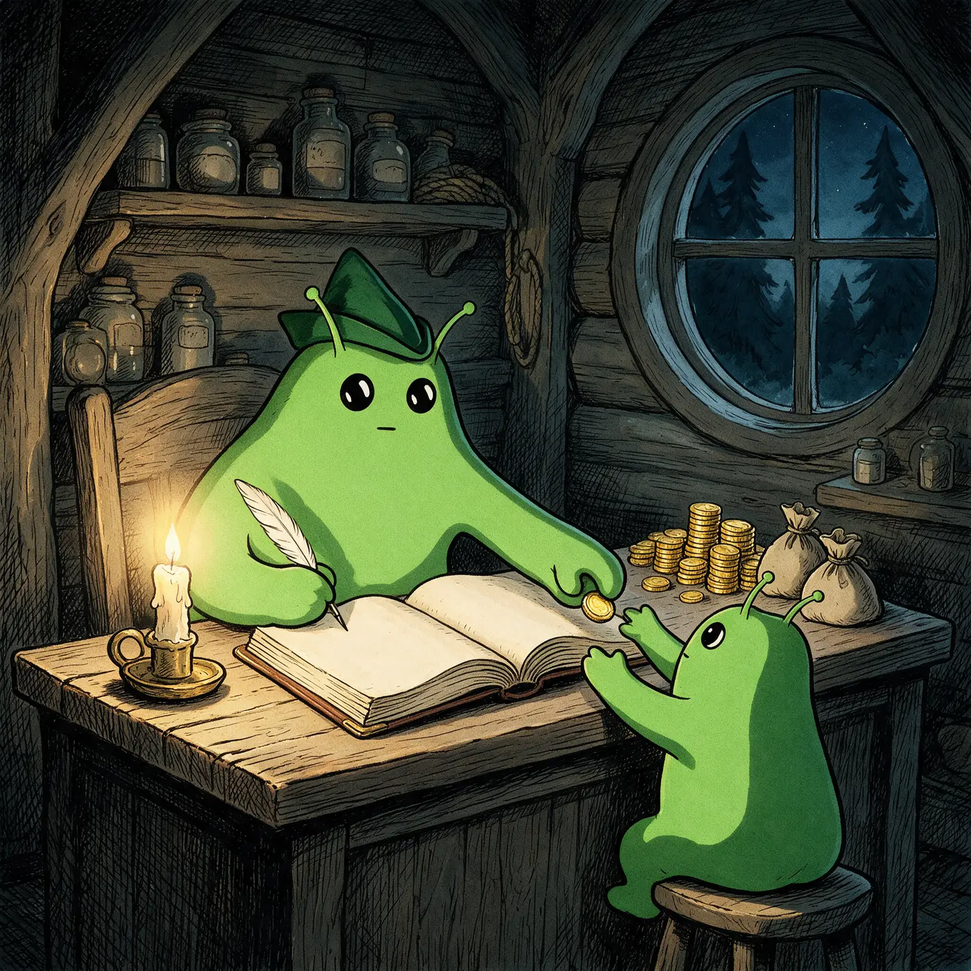 Bwob art: hooded Bwob writing in a candle-lit ledger with a quill while handing a gold coin down to a small bwob